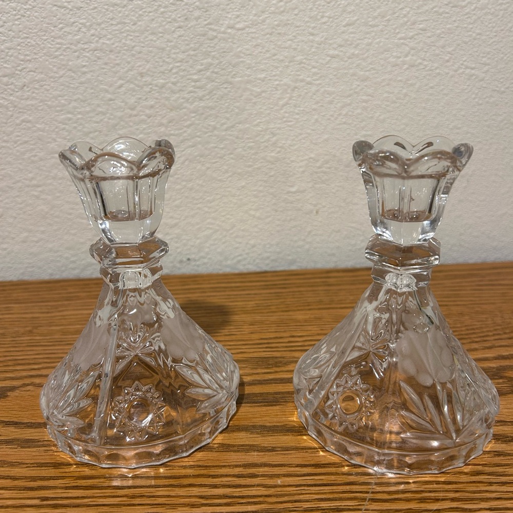 Pair Of Clear Glass With Frosted Etched Flower Candleholders